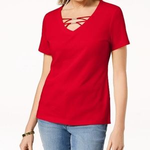 NWT XXL Karen Scott New Red Amore Embellished Short Sleeve Knit Top